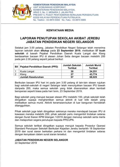 Alhamdulillah walaupun rakaman live tidak dapat dijalankan pada masa yang ditetapkan kerana bumi putrajaya dilitupi dengan jerebu. Senarai sekolah di Selangor tutup pada 23 September 2019 ...