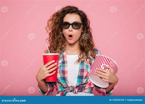 Shocked Lady With Cola And Popcorn Wearing 3d Glasses Stock Image