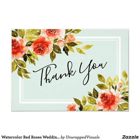 Watercolor Red Roses Wedding Thank You Card Watercolor Red Watercolor