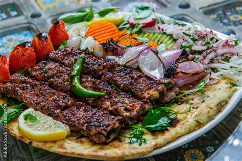 Plate Of Arabic Kebab Meat With Grilled Vegetables Stock Photo Adobe