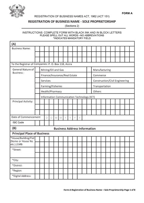 Company Registration Form For Sole Proprietors Form A Registration Of
