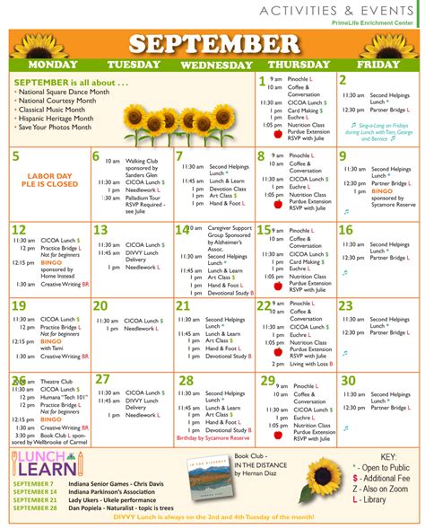 September Activities Calendar Primelife Enrichment