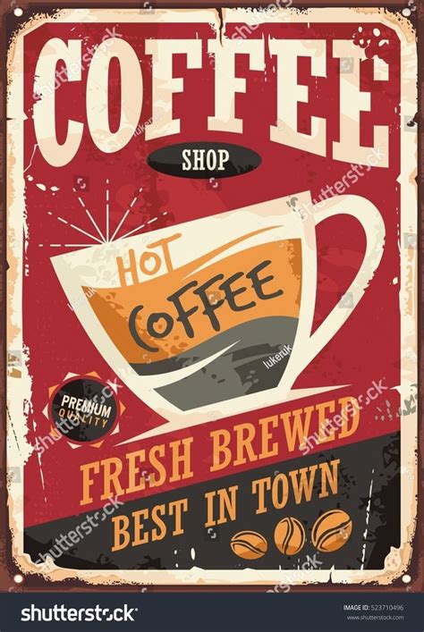 Coffee Shop Retro Tin Sign Vector Illustration On Red Background