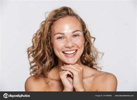 Image Of Happy Half Naked Woman Laughing And Looking At Camera Stock