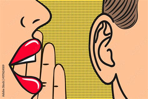 Woman Lips With Hand Whispering In Mans Ear With Speech Bubble Pop Art