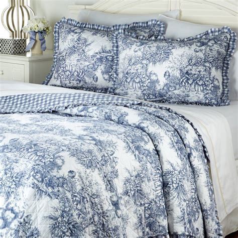 French Toile 100 Cotton 3 Piece Quilt Set Blue King New Country