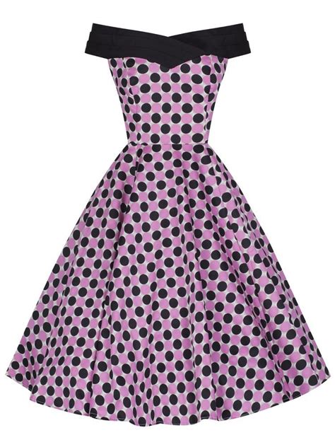 cute off the shoulder pink and black polka dot 50s pinup rockabilly dress suitable for formal
