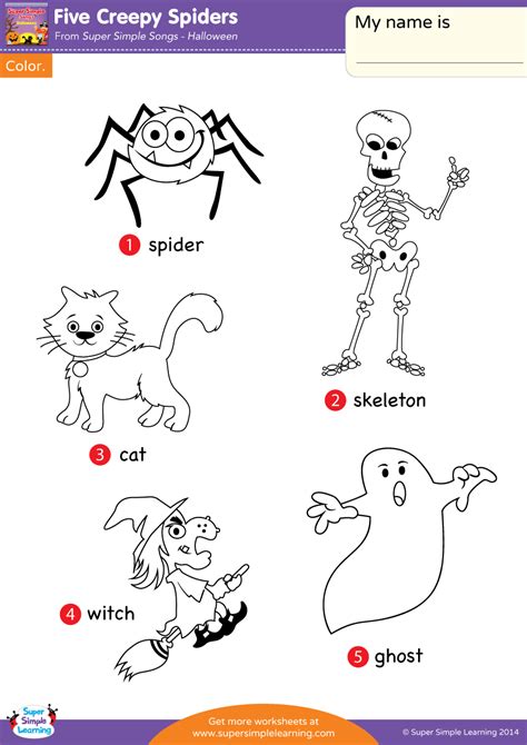 Five Creepy Spiders Worksheet Vocabulary Coloring Super Simple
