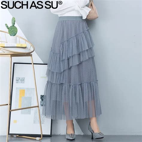 New 2019 Spring Summer Japan Style Mesh Stitching Ruffles Skirts Womens 3 Color High Waist