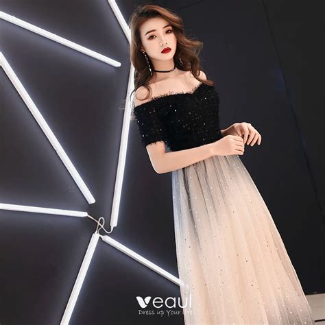 elegant black evening dresses 2019 a line princess off the shoulder tassel sequins short