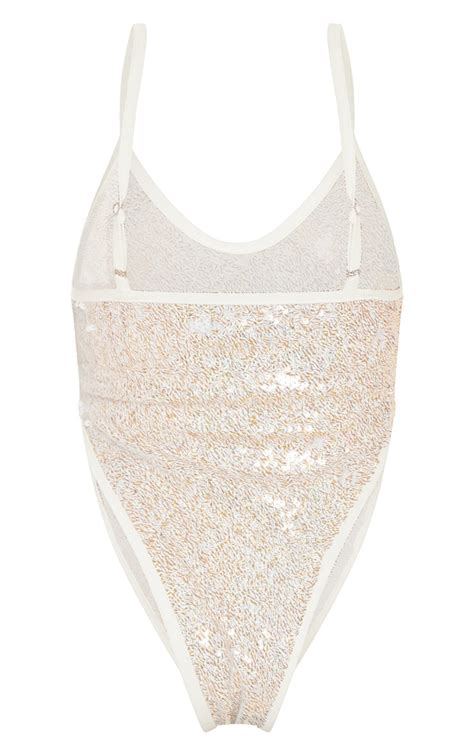 White And Gold Sequin High Leg Swimsuit Prettylittlething