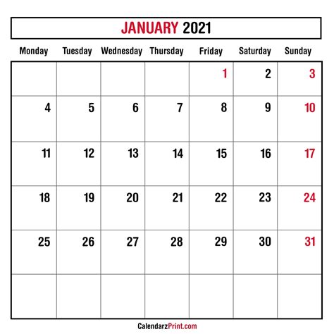 January 2021 Monthly Planner Calendar Printable Free Monday Start
