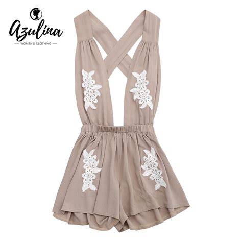 Azulina Floral Appliques Halter Self Tie Playsuits Open Back Deep V Neck Overalls Sexy Women