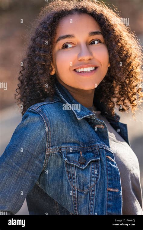 Outdoor Portrait Beautiful Happy Mixed Race African American Girl Teenager Female Young Woman