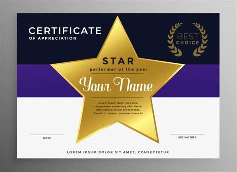 A Certificate With A Golden Star On The Front And Purple Stripes In The