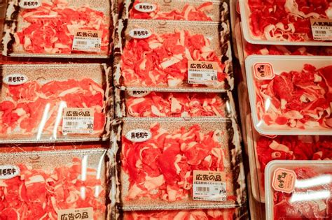 Closeup And Crop Packing Sliced Beefs For Sale In Freezer Of Meat Shop At Kuromon Ichiba Market