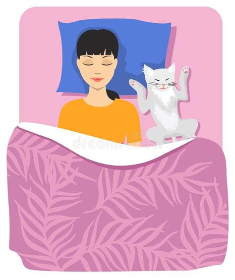 Sleeping Girl And Cat In Bed Good Night Stock Vector Illustration Of Rest Female 113170537