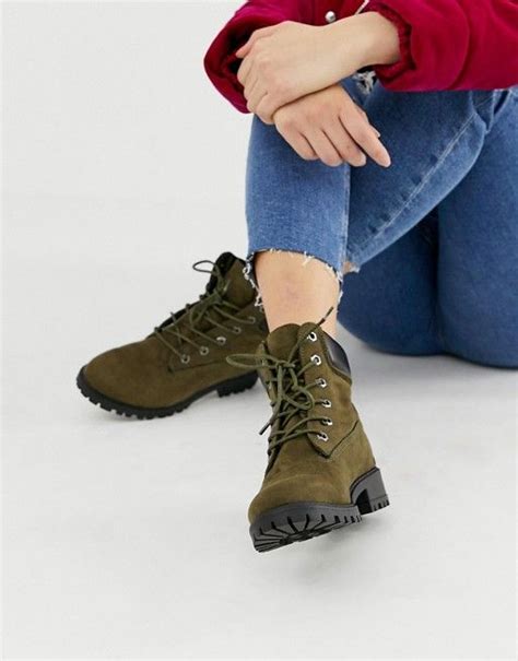new look wide fit lace up flat hiker boot in dark khaki asos boots dark khaki biker shoes