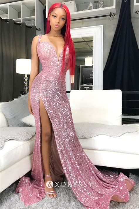 pink sequin sweetheart neck slit mermaid prom gown xdressy