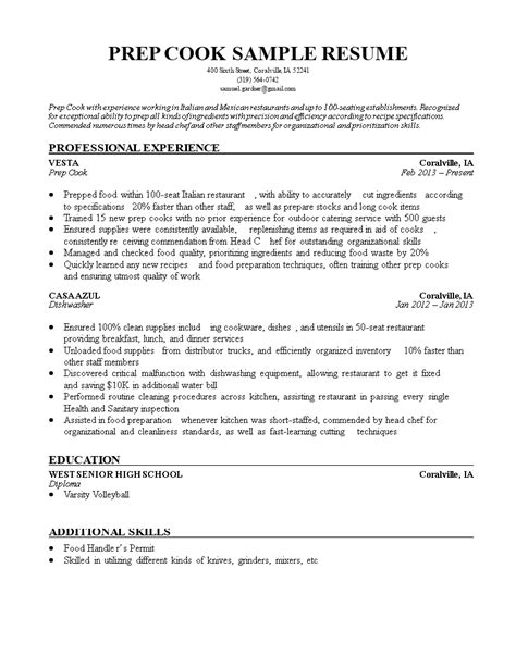Maintaining the hygiene of the kitchen is a big part of their job. Prep Cook Resume | Templates at allbusinesstemplates.com