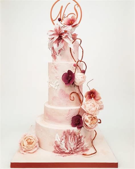 Pink And Peach Wedding Cake With Roses And Orchids Pink Wedding Cake
