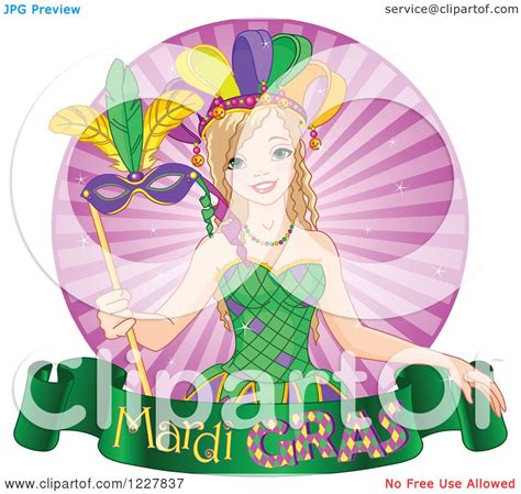 Clipart Of A Happy Mardi Gras Girl With A Mask Over A Banner And Rays Royalty Free Vector