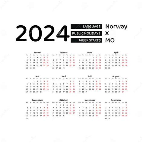 Norway Calendar 2024 Week Starts From Monday Vector Graphic Design