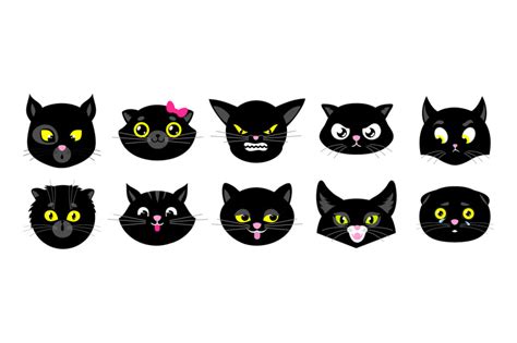 Black Cats Faces Isolated Flat Kittens Halloween Cat Avatars Emotio