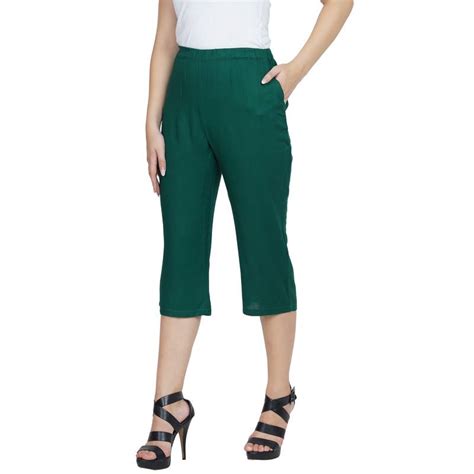 Green Plain Blended Cotton Capris 3 4 Pants Patrorna 3214639