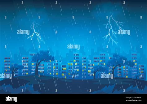 Thunder Storm Lightning Strike Heavy Rain City Building Skyline