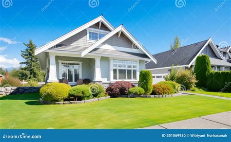 Beautiful Suburban Home Exterior On Bright Sunny Day With Green Grass