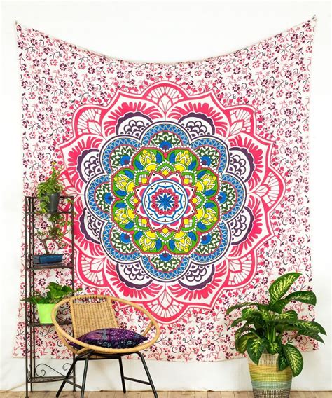 Pink Multi Camellias Mandala Tapestry Wall Hanging Queen Bedspread