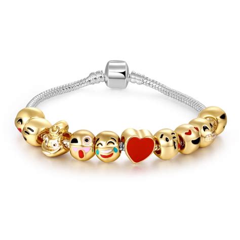 Great T Emoji Charm Bracelet 18k Yellow Gold Plated Beads