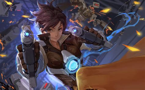 Download Wallpapers Tracer With Guns 4k 3d Art Overwatch Characters