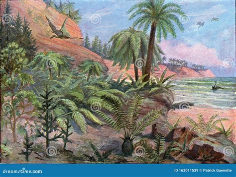Landscape Of The Jurassic Period Vintage Engraving Stock Illustration
