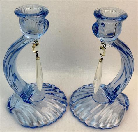 Lot Antique Cambridge Glass Caprice Blue Pair Shell Candlesticks W Prisms