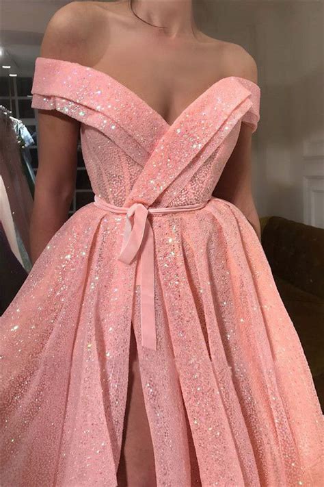 A Line Pink Sequins Off The Shoulder V Neck Prom Dresses With Split Promdress Me Uk