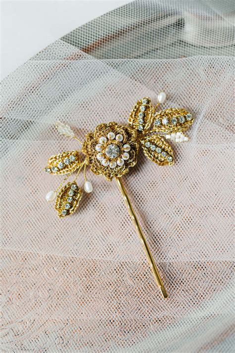 Gold Rose Flower Wedding Hair Pins Crystal Pearl Lace Bridal Bobby