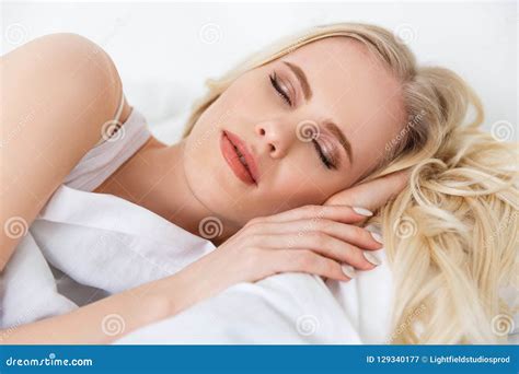 Beautiful Young Blonde Woman Sleeping Stock Image Image Of Bedding White 129340177
