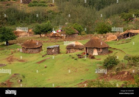 Basotho Village With Houses Mokhoro In Traditional Lesotho Rondavel