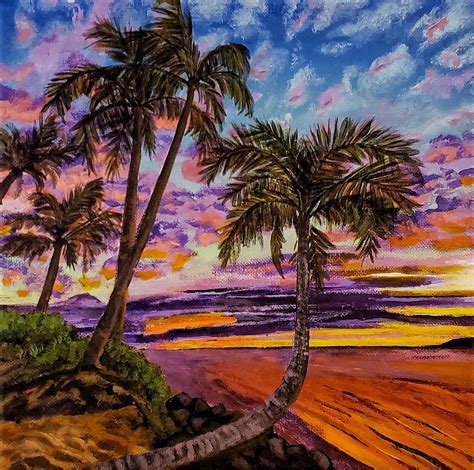 Beach Sunset Painting With Clouds Romantic Pink Purple Cloud Sunset