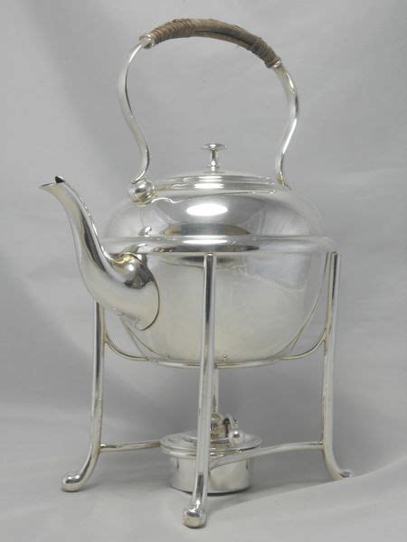 Gleaming Antique Silver Plated Spirit Tea Kettle With Stand And Burner