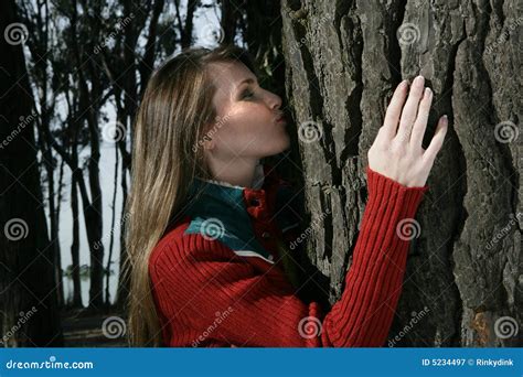 Woman Kissing A Tree Stock Image Image Of Humorous Woman