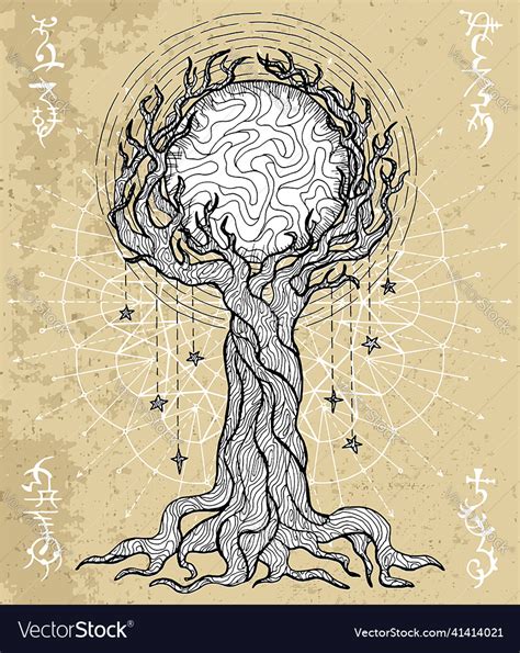 Mystic Fantasy Tree Line Art Royalty Free Vector Image