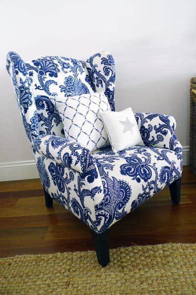 Wing Chair Upholstered In A Blue And White Jacobean Print Printed