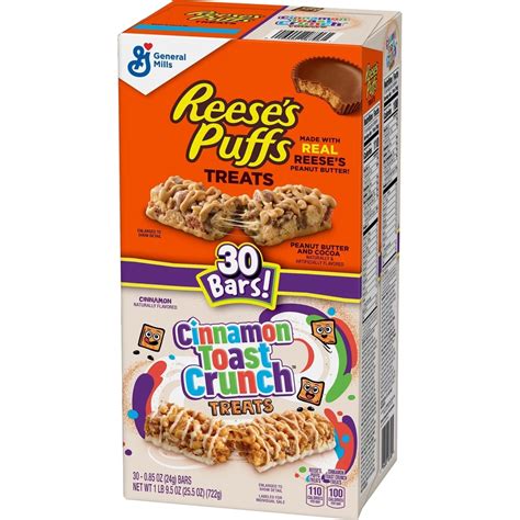 general mills reeses puffs and cinnamon toast crunch cereal bar treats 0 85 ounce 30 count