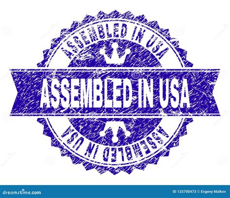 Scratched Textured Assembled In Usa Stamp Seal With Ribbon Stock Vector