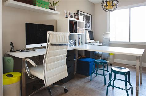 Two matching desks can face each other and allow each. 2 person ikea desk setup. Photography office. Office space ...