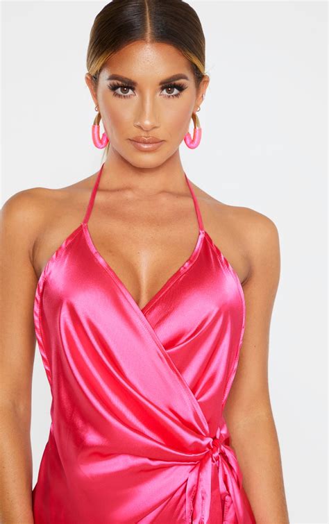 Hot Pink Satin Halterneck Wrap Bodycon Dress Prettylittlething Ie