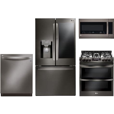 4 piece kitchen appliances package with french door refrigerator, gas range, dishwasher and over the range microwave in stainless steel. LG 4-piece Kitchen Appliance Package with Gas Range ...